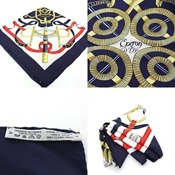 Hermes Carre 90 Scarf Eperon D'or Golden Spur 100% Silk Navy/gold/red/white - Picture 3 of 3